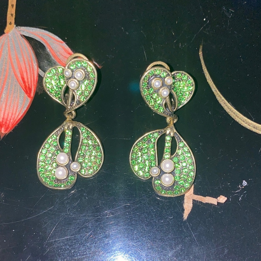 Heidi Daus Elegant Green and Gold Dangle Earrings